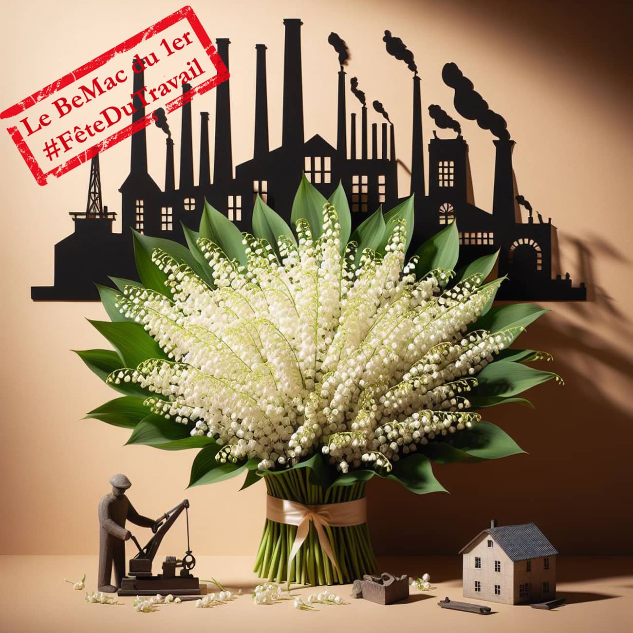 Un bouquet de muguet, des usines et un travailleur (Crédit : Alex.I)