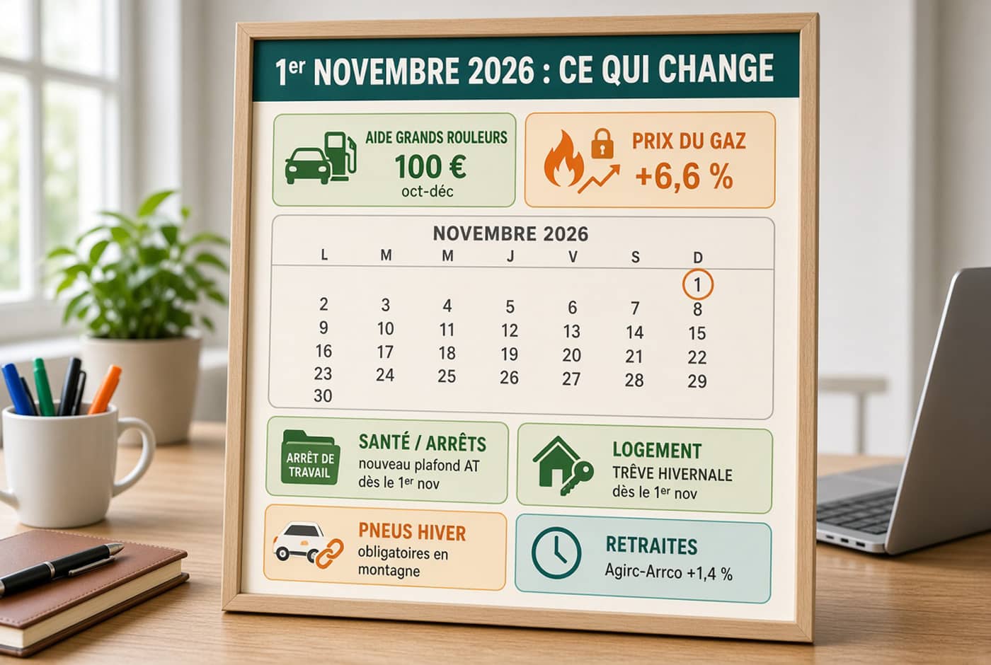 Tout ce qui change au 1er novembre sur un tableau de bureau (Crédit : Alex.I)