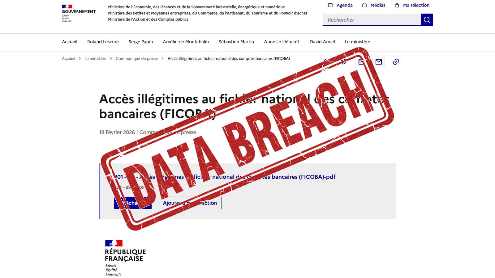 Communiqué de presse accès FICOBA illégitimes en ligne (Crédit : capture .gouv.fr)