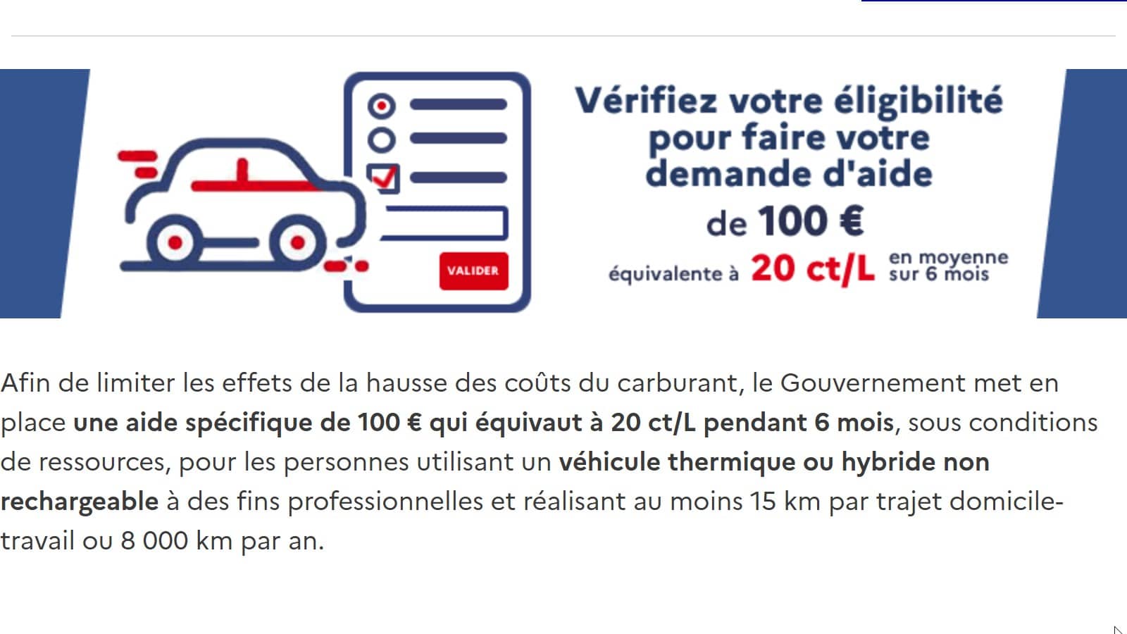  Page aide carburant de 100 € du gouvernement  (Crédit : Capture site Gouv)