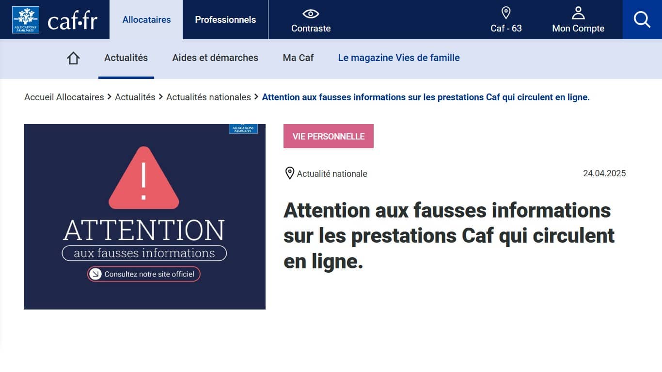 Alerte fausses informations de la CAF (Crédit : CAF)