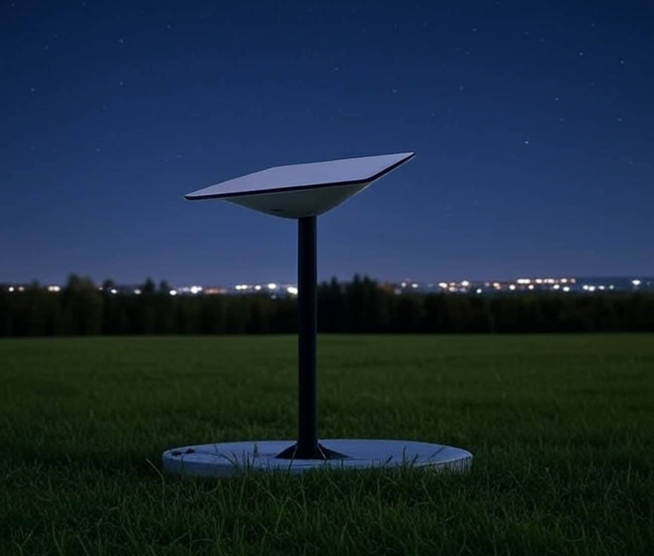 Antenne Starlink dans un jardin de nuit (Crédit : Alex.I Grok)