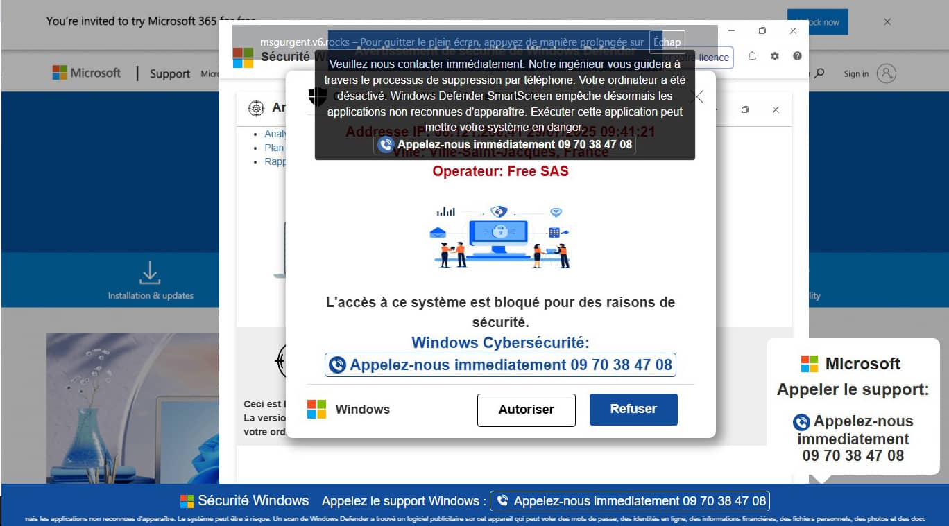 L’arnaque au faux support Windows après un clic sur une publicité sur Facebook (Crédit : TSO Informatique)