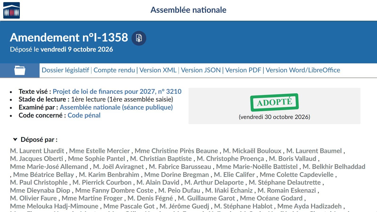 Le texte I-1358 adopté à l’Assemblée Nationale (Crédit : capture site)