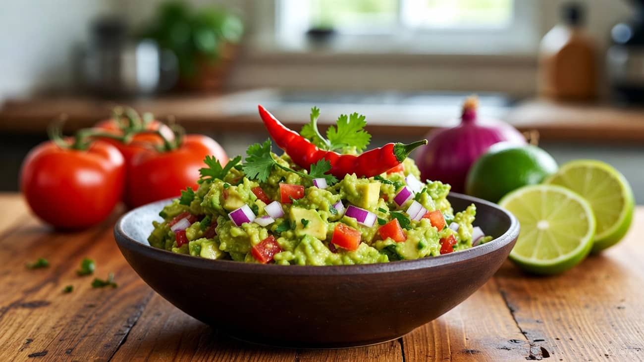 Un bol de guacamole épicé et son piment ( Crédit Alex.I )