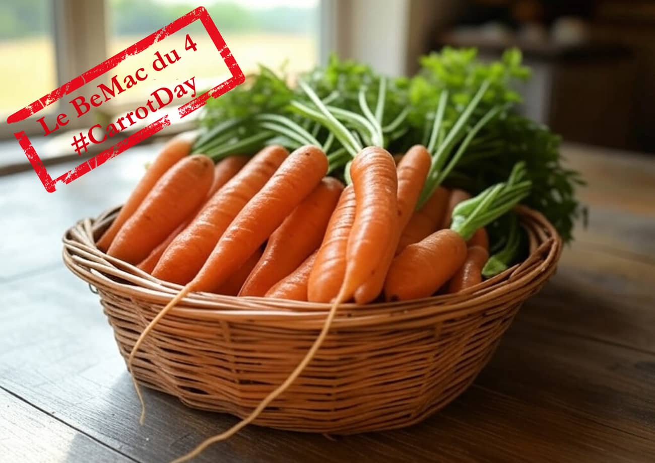 Botte de carottes dans un panier sur une table en chêne (Crédit : Alex.I)