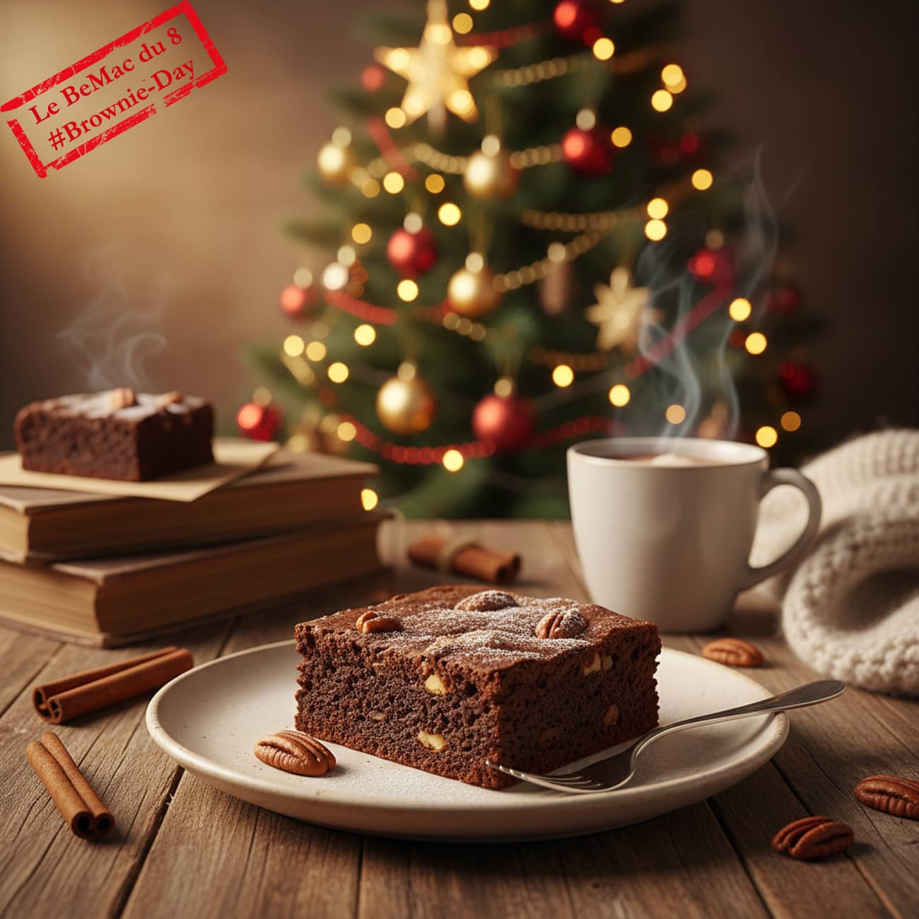Une part de brownie sur une table pour les fêtes de Noël (Crédit : Alex.I)