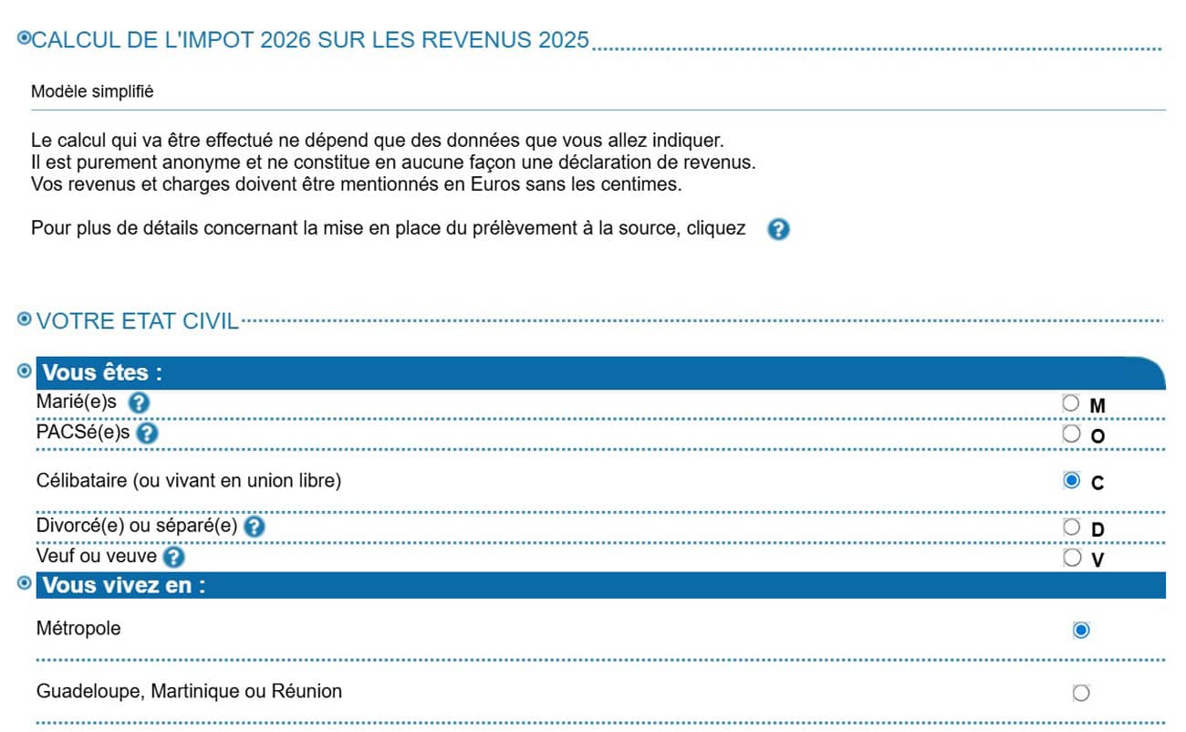 Page du simulateur des impôts 2026 sur les revenus 2025 (Crédit : Impots.gouv.fr)