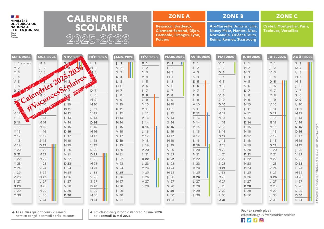 Calendrier officiel vacances scolaires 2025-2026 (Crédit : education.gouv.fr)