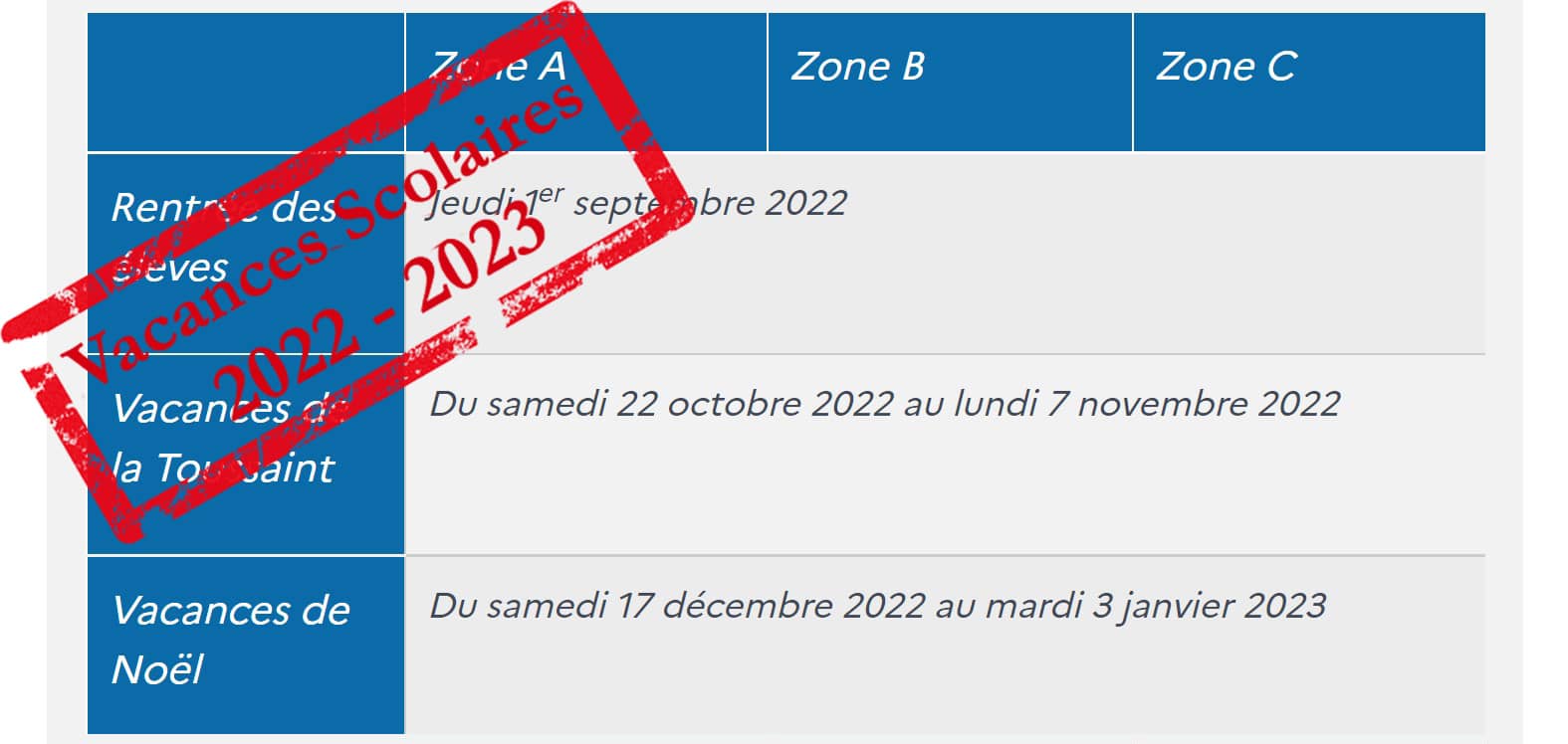Calendrier des vacances scolaires 2022-2023