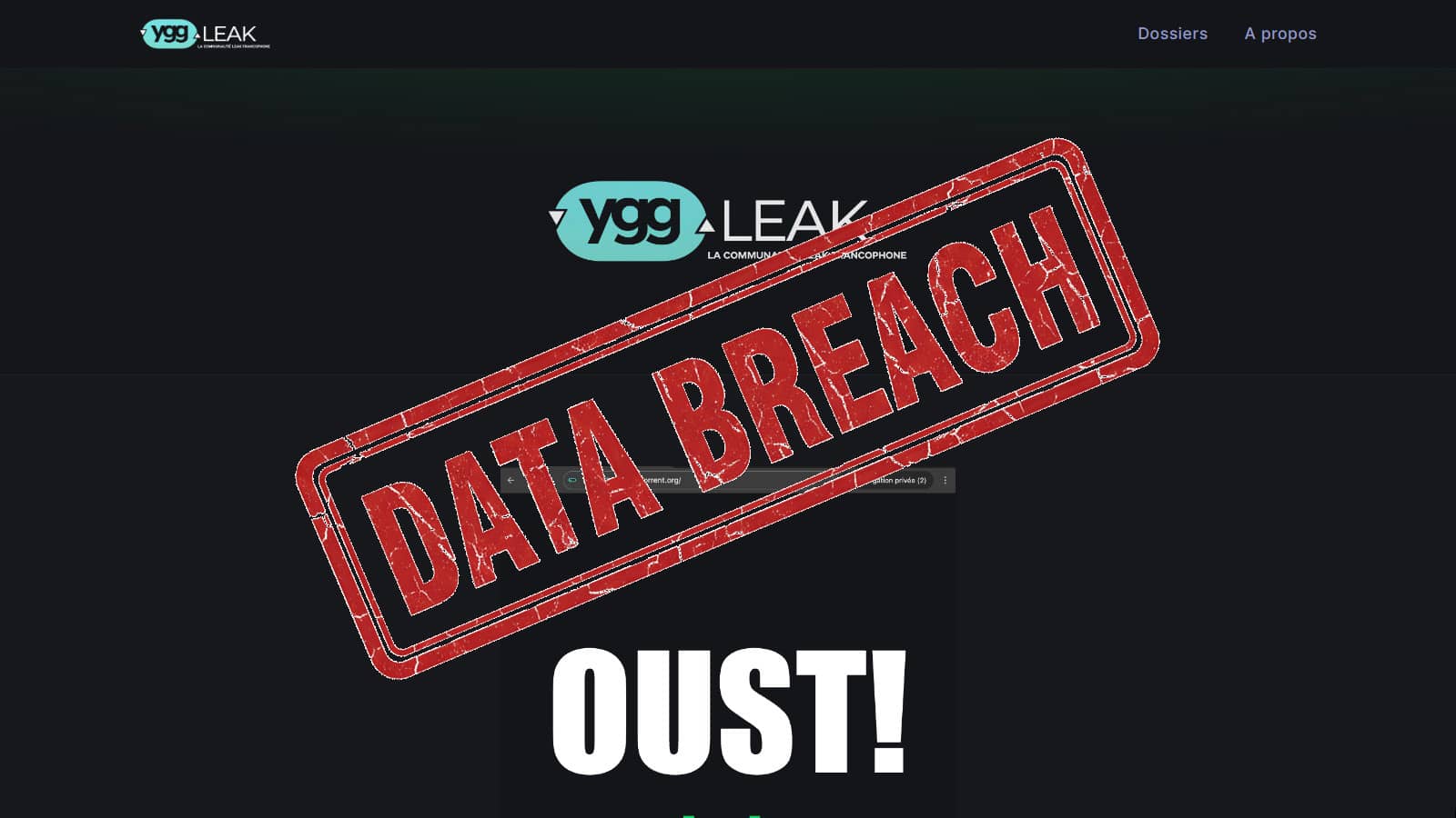 Page YGG Leak et le tampon data breach (Crédit : capture YGGLeak)