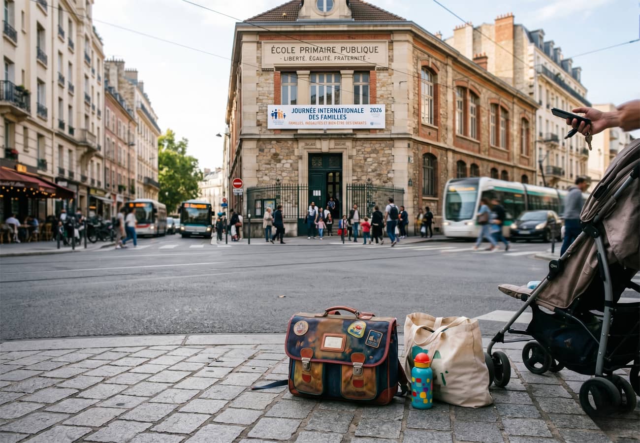 Un cartable au sol devant une école publique (Crédit : Alex.I)