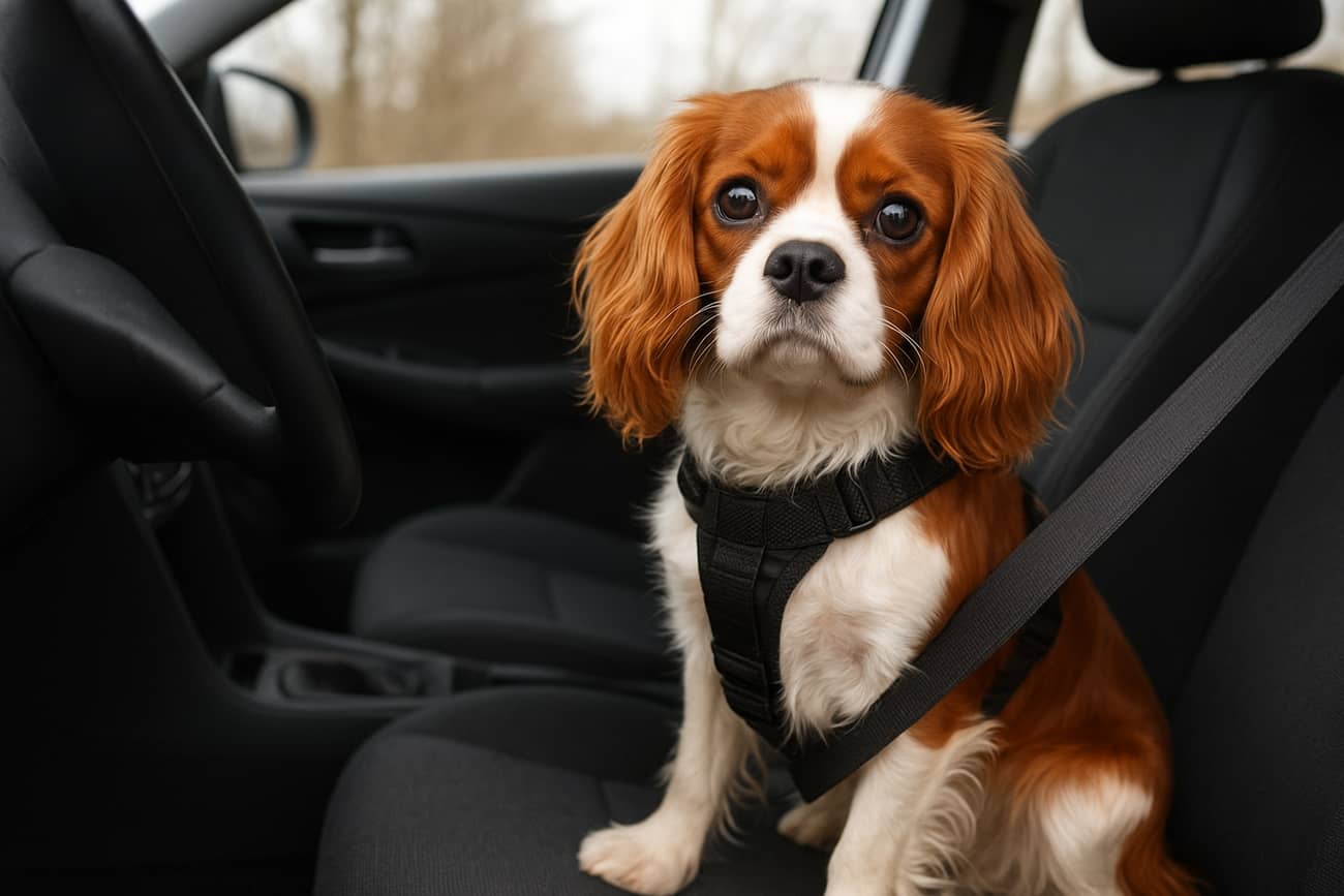 Cavalier King Charles attaché avec un harnais de voiture (Crédit : Alex.I)