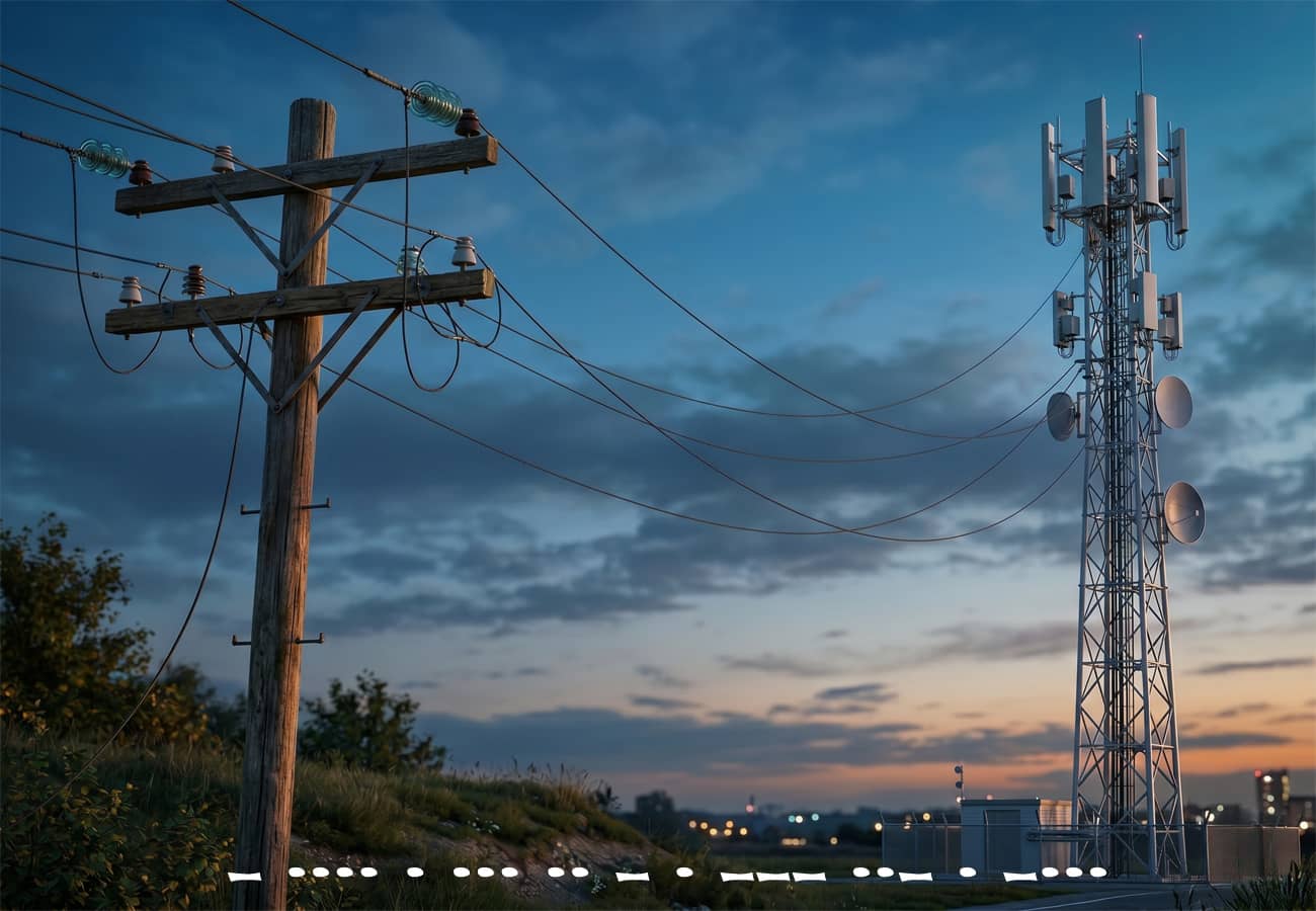 Un poteau télégraphique relié à une antenne mobile (Crédit : Alex.I)