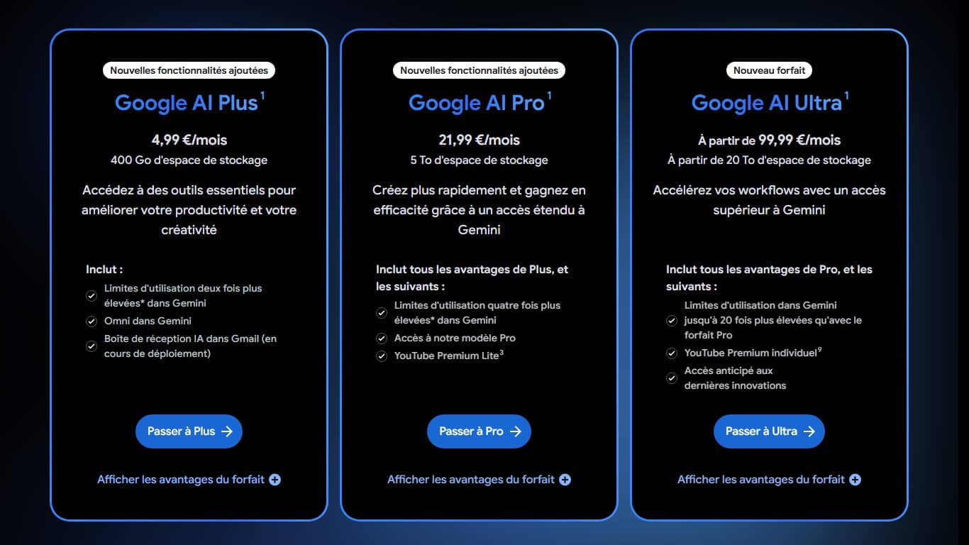 Tableau de comparaison Google AI Plus, Pro, Ultra (Crédit : capture Google One)