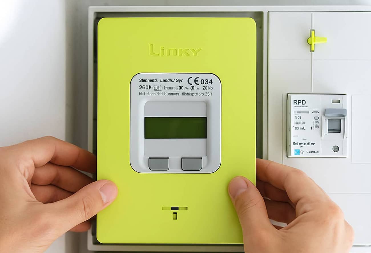 Un compteur Linky sur un tableau électrique (Crédit : Alex.I)