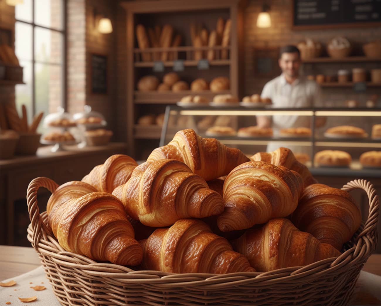Un panier de croissants dans une boulangerie (crédit : Alex.I)