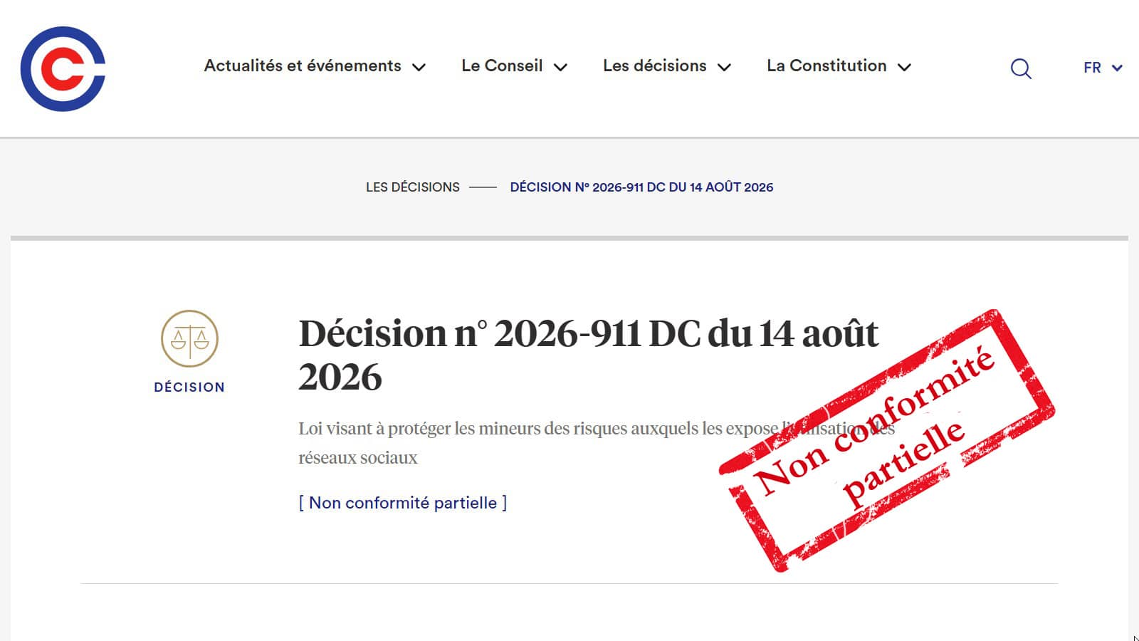 Page décision n° 2026-911 DC du 14 août 2026 (Crédit : capture conseil constitutionnel)