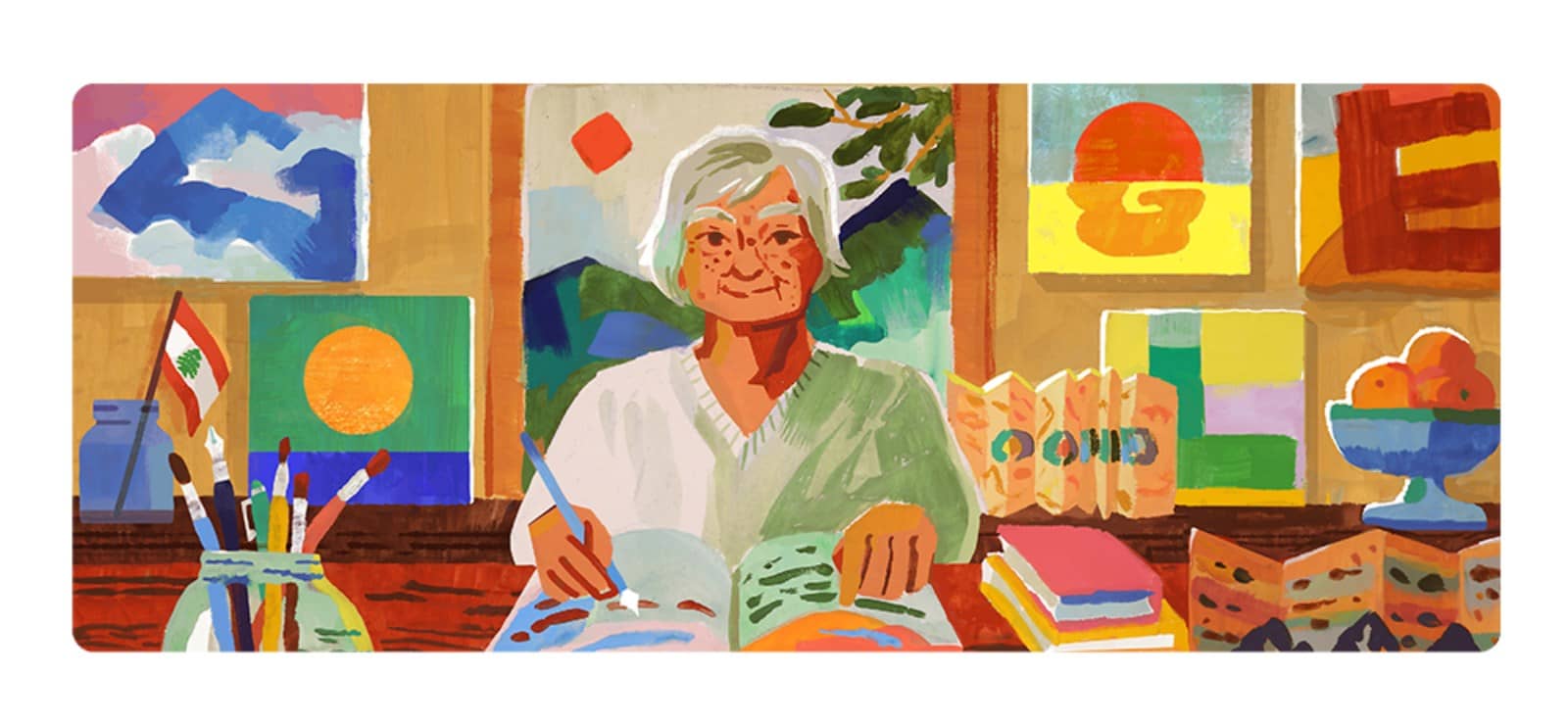 Doodle Google : Etel Adnan en train de peindre dans un atelier