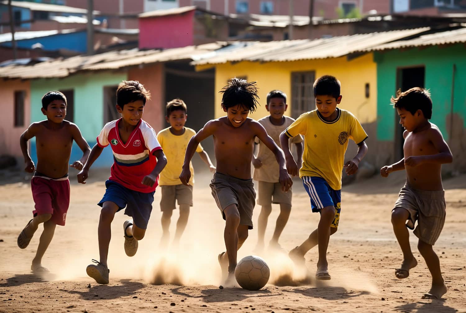 Des enfants Latino-Américains jouant au foot sur terrain poussiéreux (Crédit : Alex.I)