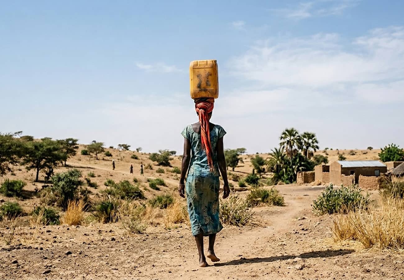 Une femme qui porte un bidon d’eau usé par le temps dans le désert (Crédit : Alex.I)