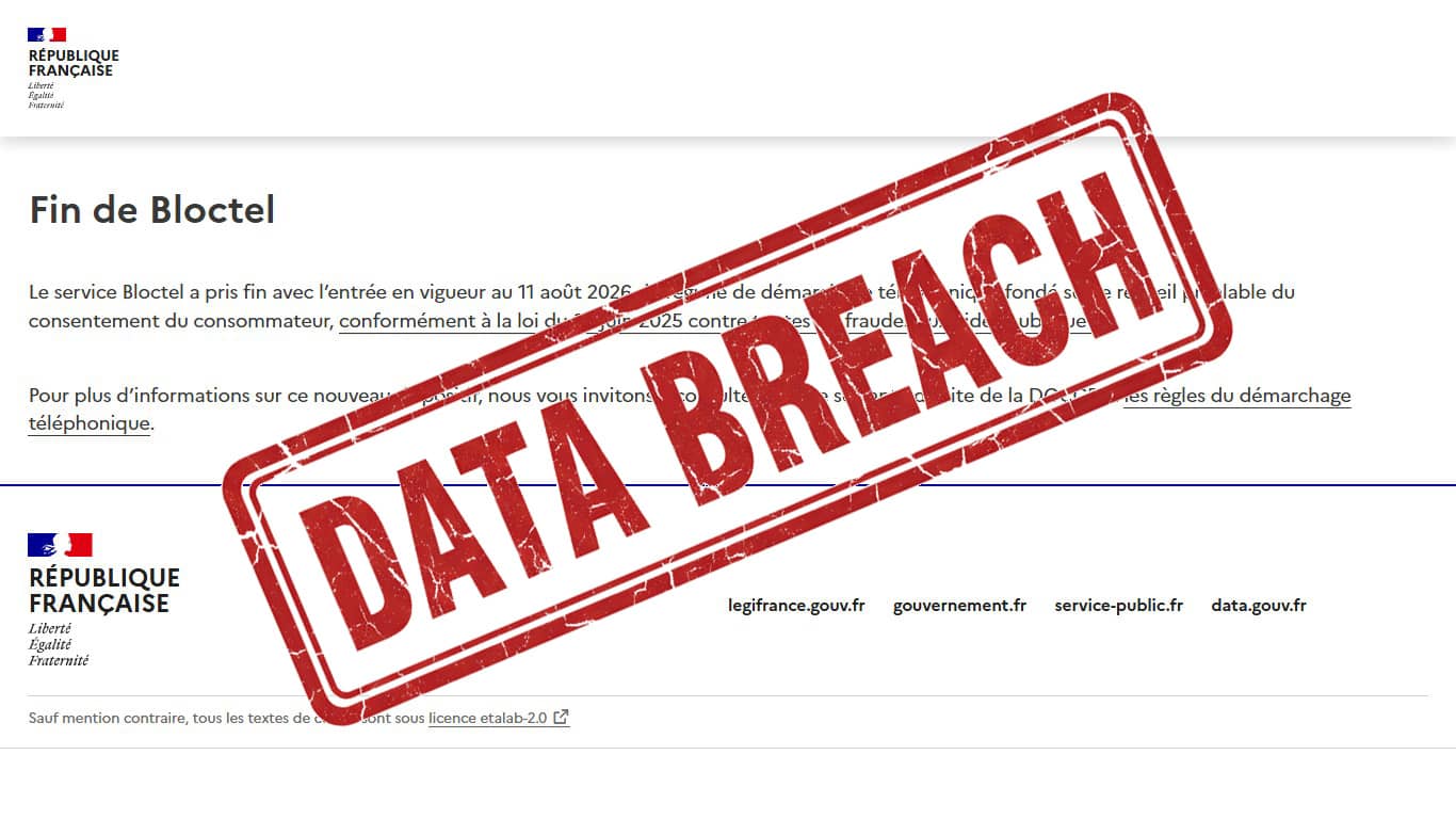 Page fin de Bloctel et tampon Data Breach (Crédit : capture site web)