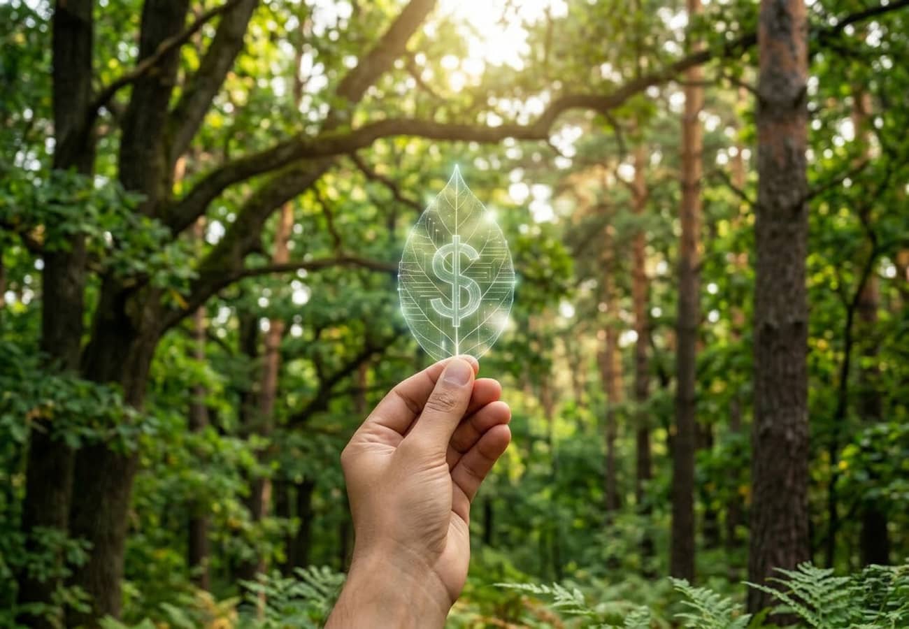 Une main tient une feuille de 1 dollars devant une forêt (Crédit : Ales.I)