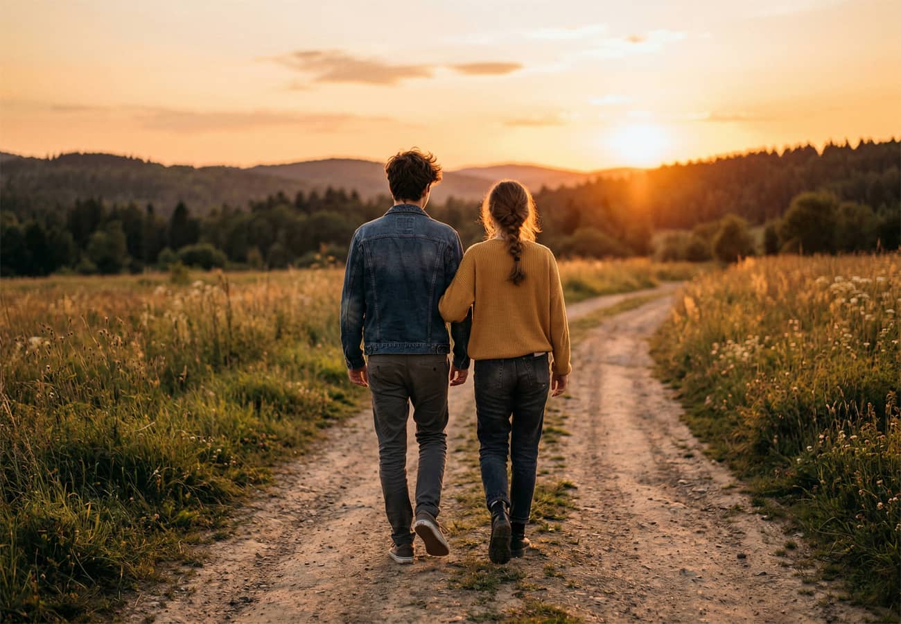 Un frère et une sœur marchant de dos sur un chemin de campagne (Crédit : Alex.I)