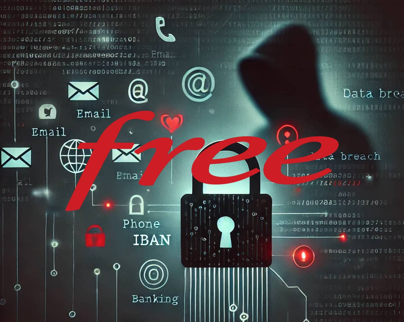 Fuite des données : logo Free et hacker en arrière-plan (Crédit Alex.I)