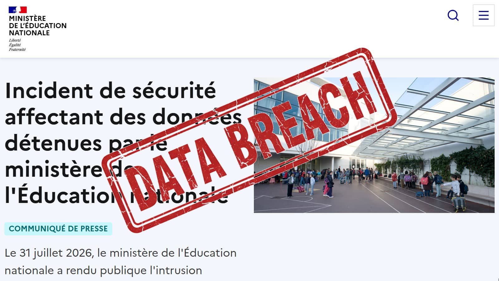 Page communiqué de presse EN et tampon Data Breach (Crédit : capture Éducation Nationale)