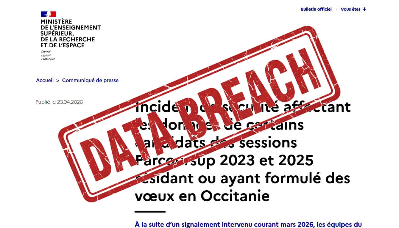 Communiqué fuite Parcoursup et tampon Data Breach (Crédit : capture .gouv.fr)