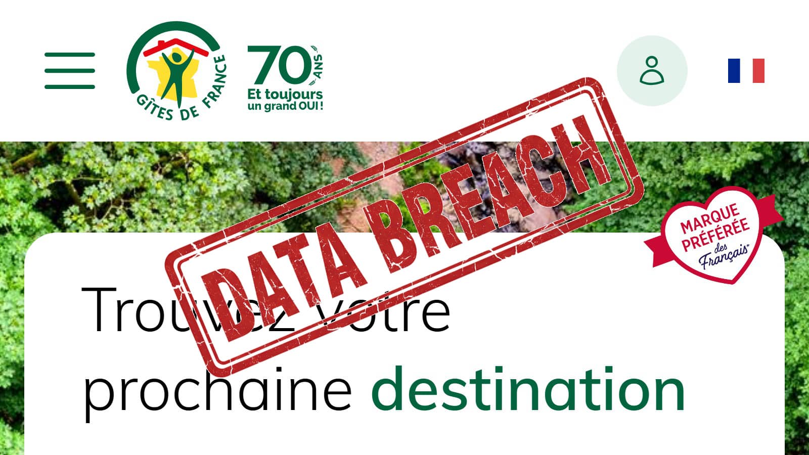 Page Gîtes de France et tampon Data Breach (Crédit : capture site web)