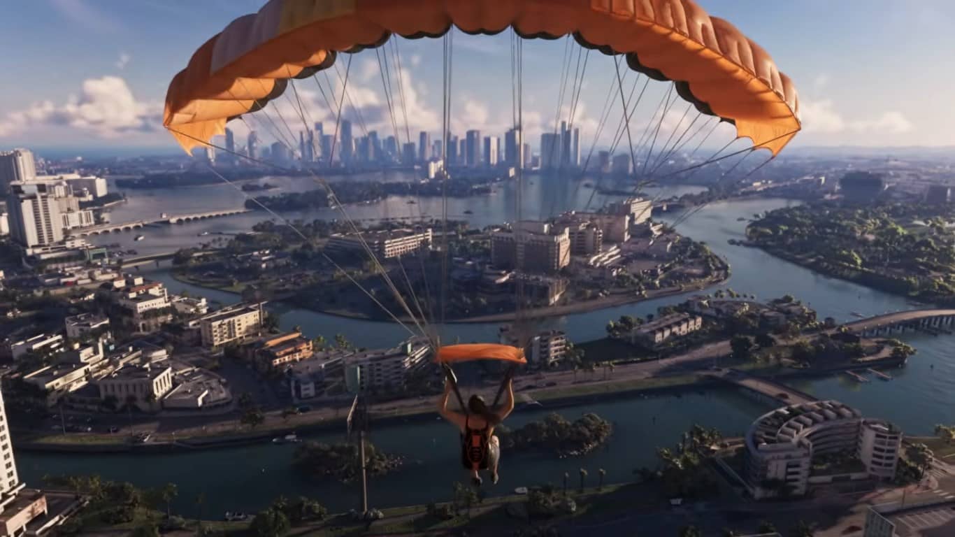 Extended Look de GTA 6 : Vue du ciel en parapente de Vice City(Crédit : Capture YouTube)