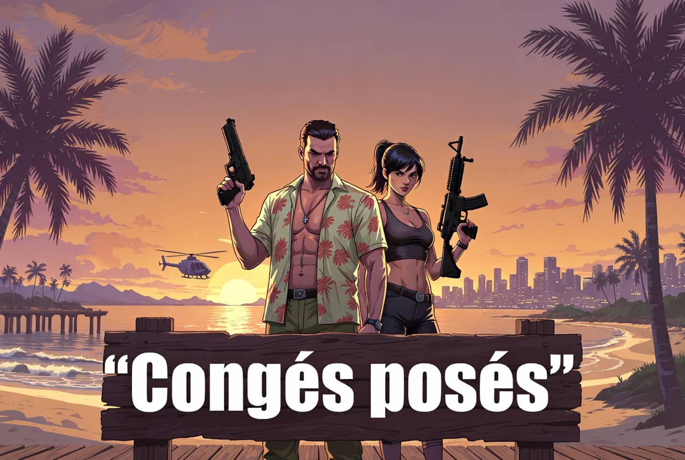 Jason et Lucia derrière le panneau « Congés posés » (Crédit : Alex.I)