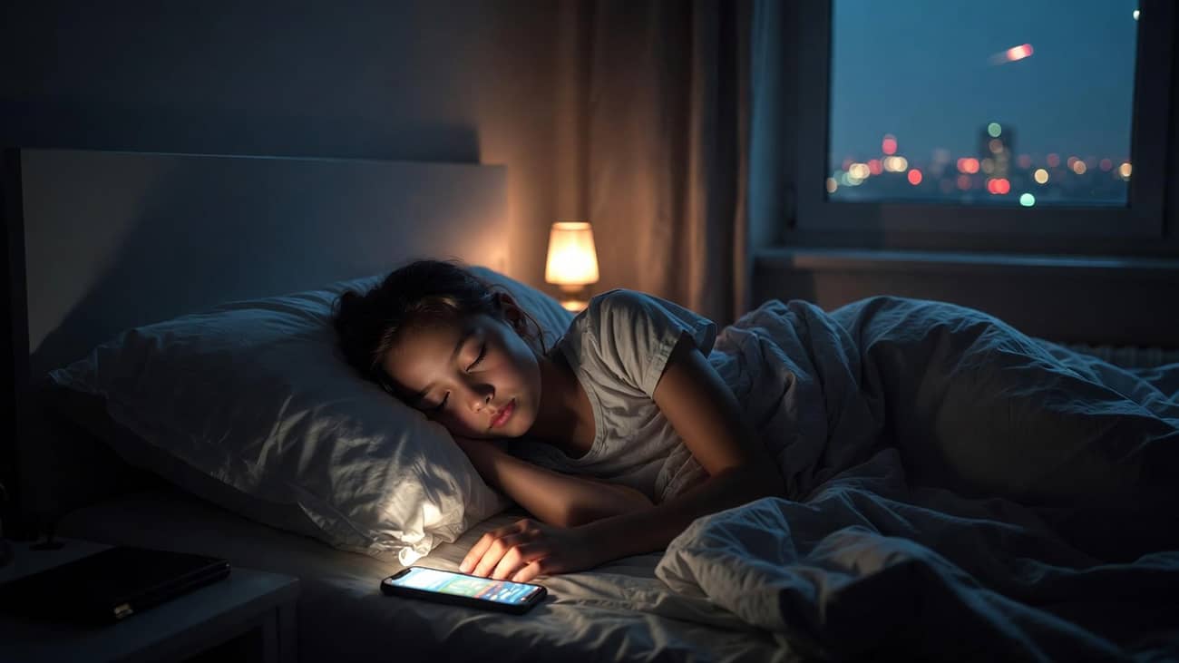 Une jeune femme victime de la pollution lumineuse et sonore pendant son sommeil (Crédit : Alex.I)