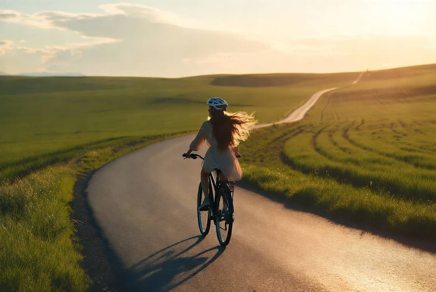 Jeune fille à vélo dans la campagne verdoyante (Crédit : Alex.I)
