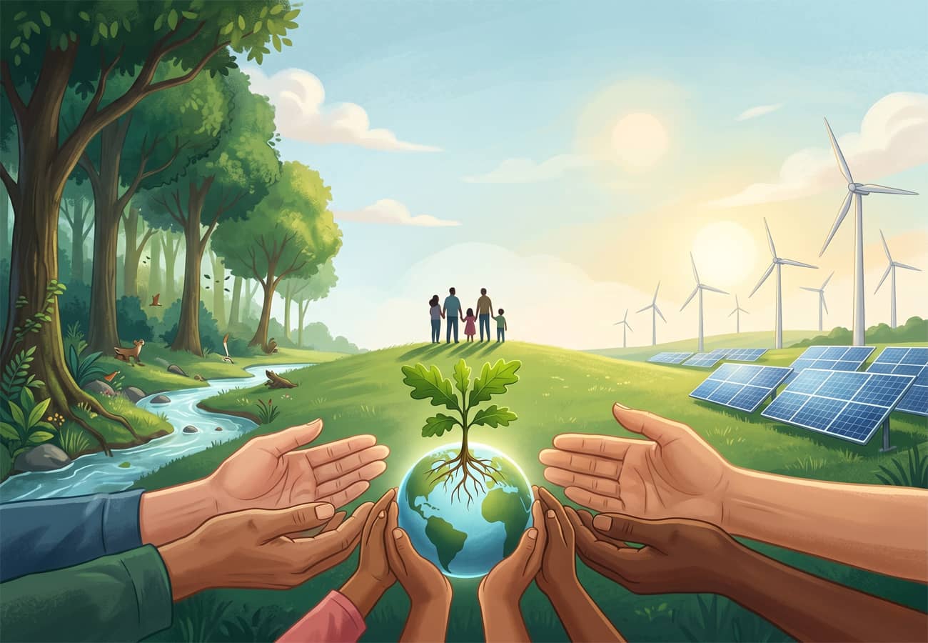 Des mains protégeant une jeune plante et la Terre (Crédit : Alex.I)