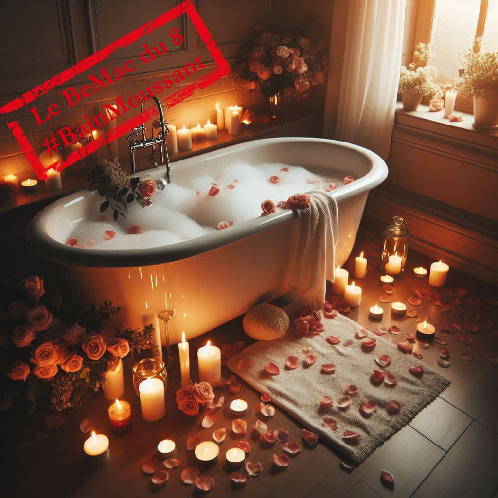 Une baignoire dans une ambiance cosy avec bougies et pétales de roses ( crédit : Alex.I )