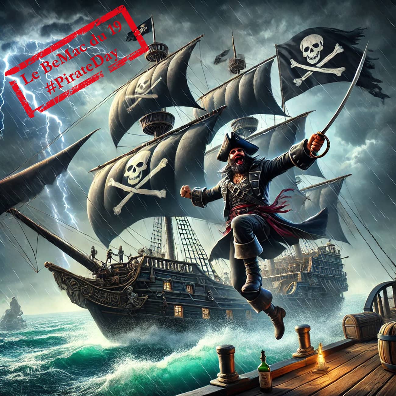 Navire pirate sur une mer agitée avec un capitaine charismatique (crédit Alex.I)