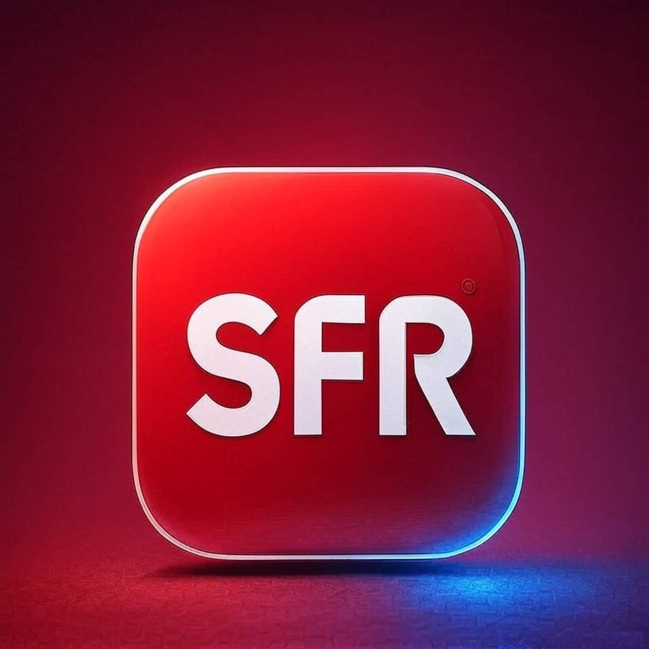 Logo SFR rétroéclairé dans la pénombre (Crédit : Alex.I Grok)