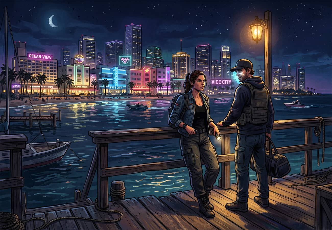 Illustration artistique de Lucia et Jason de nuit sur un ponton, avec Vice City en arrière-plan (Crédit :Alex.I)