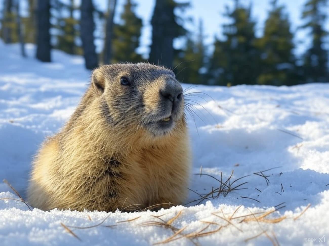 Marmotte qui sort de son terrier en hiver ( Crédit : Alex.I Grok )