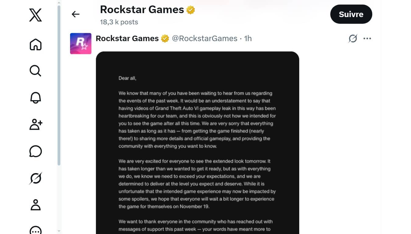 Message en anglais de Rockstar Games sur X (Crédit : Capture X)