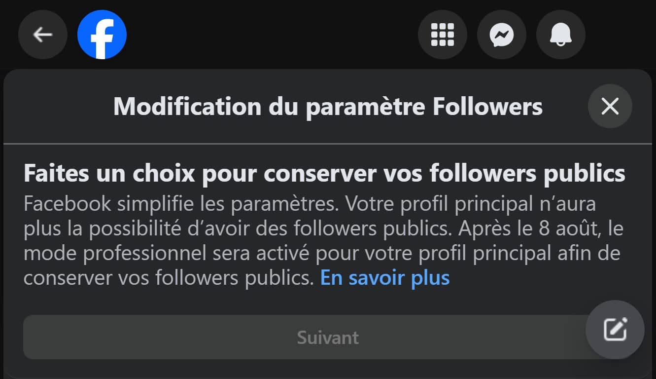 Message de modification du paramètre followers (Crédit : capture Facebook)