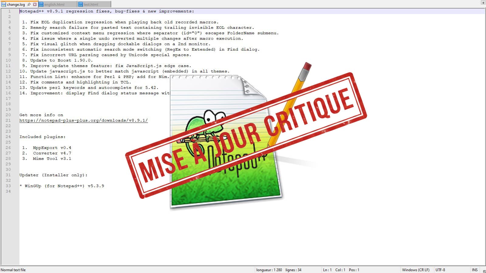 Interface de Notepad++ et son « Chameleon » (Crédit : logo Wikimedia)