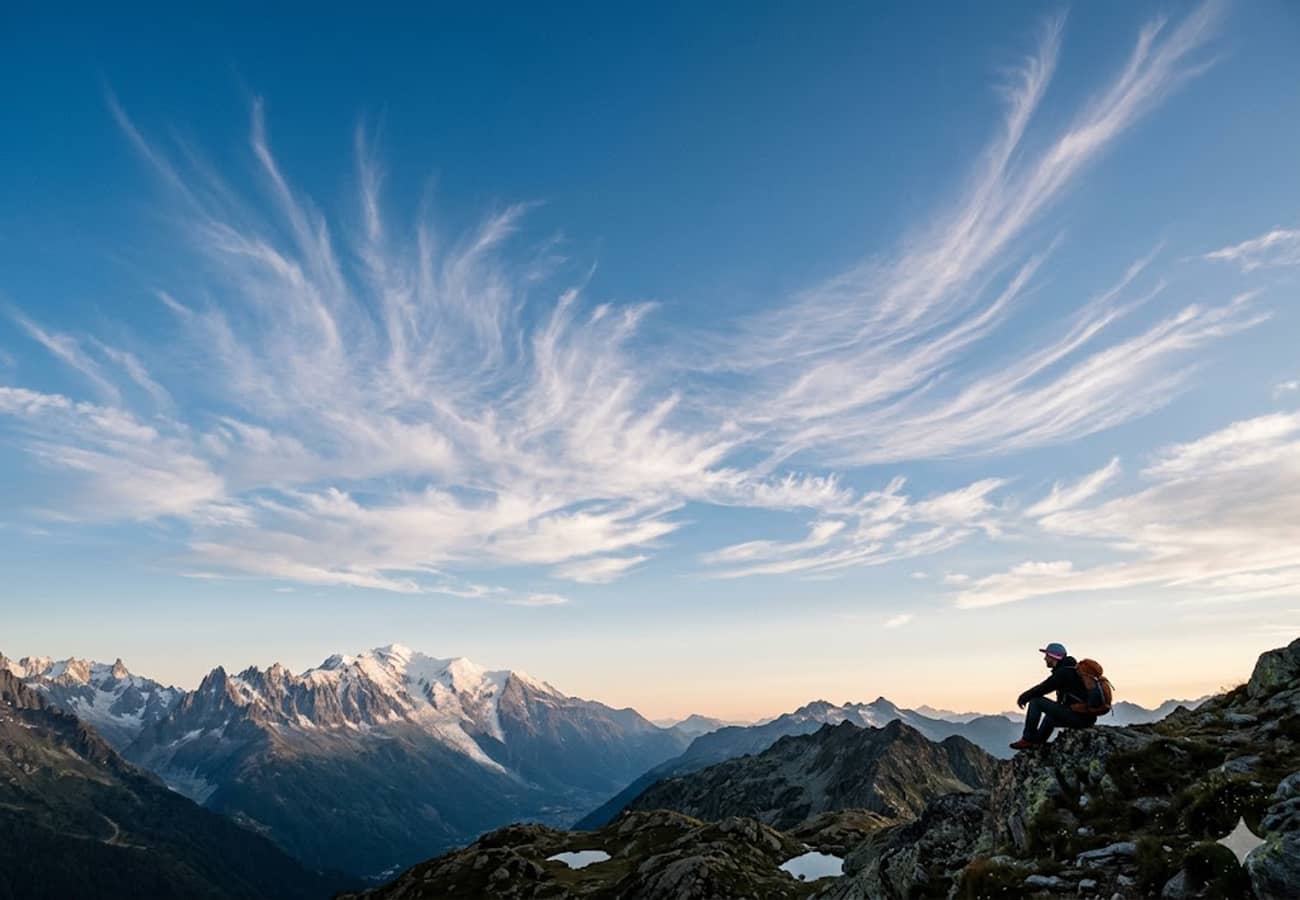 Un paysage de montagne avec un ciel bleu parsemé de cirrus (Crédit : Alex.I)
