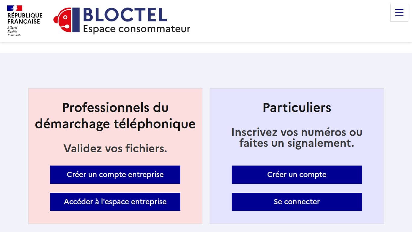 Page d’accueil du service Bloctel du gouvernement (Crédit : capture bloctel.gouv.fr)