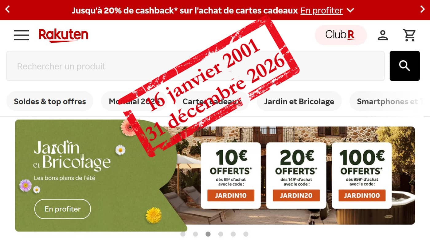 Page Rakuten France et tampon de 2001 à 2026 (Crédit : capture Rakuten)