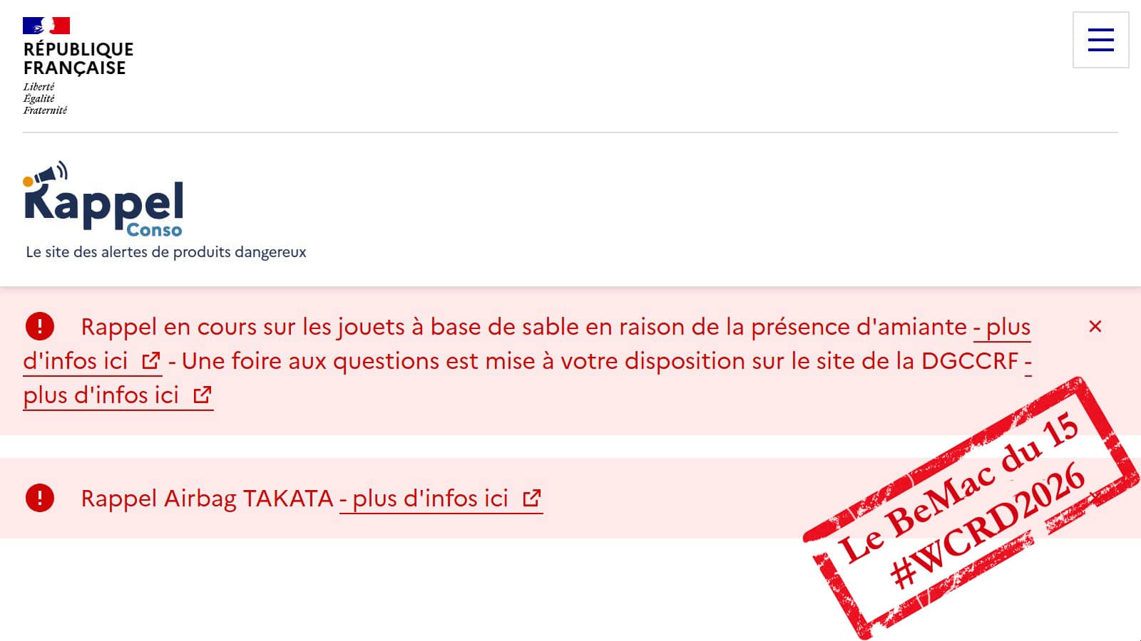 La page d’accueil de rappel conso avec 2 rappels (Crédit : capture .gouv.fr)