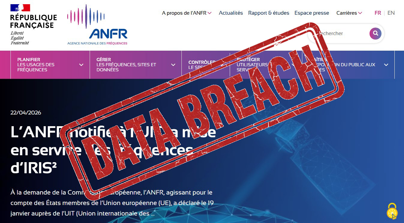 Page ANFR et tampon Data Breach (Crédit : capture ANFR)